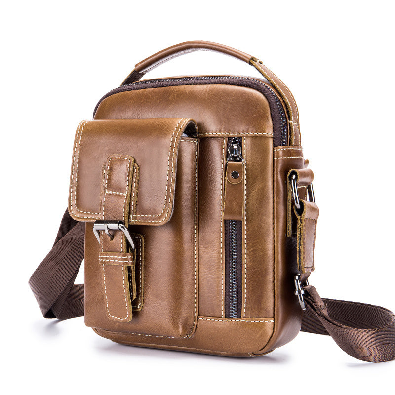 Cowhide Boy Satchel Shoulder Bag - Retro Casual Vertical Messenger Bag