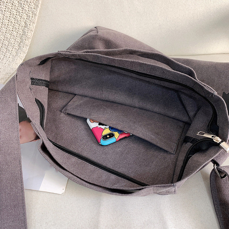 Letter Printed Canvas Crossbody Bag - Large Capacity Student Tote Bag