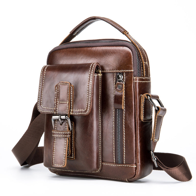 Cowhide Boy Satchel Shoulder Bag - Retro Casual Vertical Messenger Bag