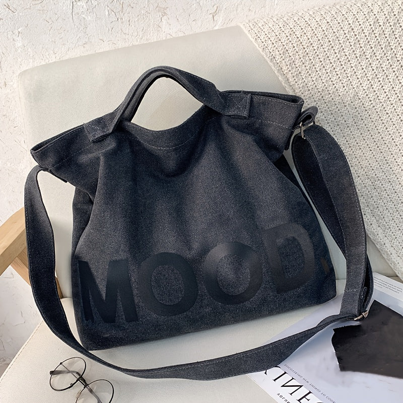 Letter Printed Canvas Crossbody Bag - Large Capacity Student Tote Bag