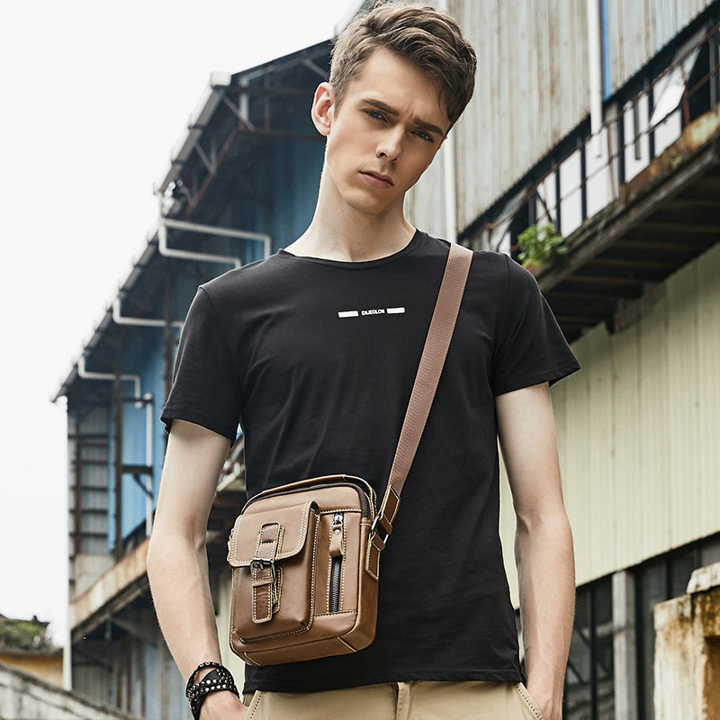 Cowhide Boy Satchel Shoulder Bag - Retro Casual Vertical Messenger Bag