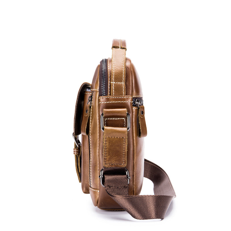 Cowhide Boy Satchel Shoulder Bag - Retro Casual Vertical Messenger Bag